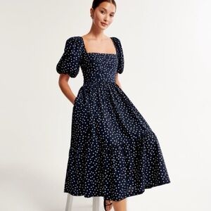 Abercrombie and Fitch Navy Polka Dot Emerson Midi Puff Sleeve Dress XXL